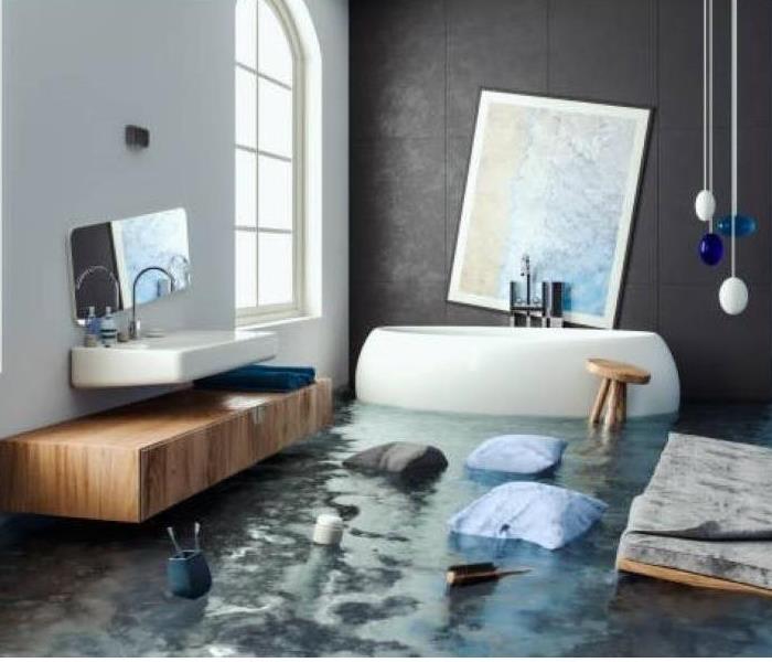 flooded bathroom with items floating in the water
