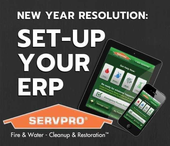 Tablet and phone with a SERVPRO overlay that reads "New Year Resolution: Set up Your ERP"